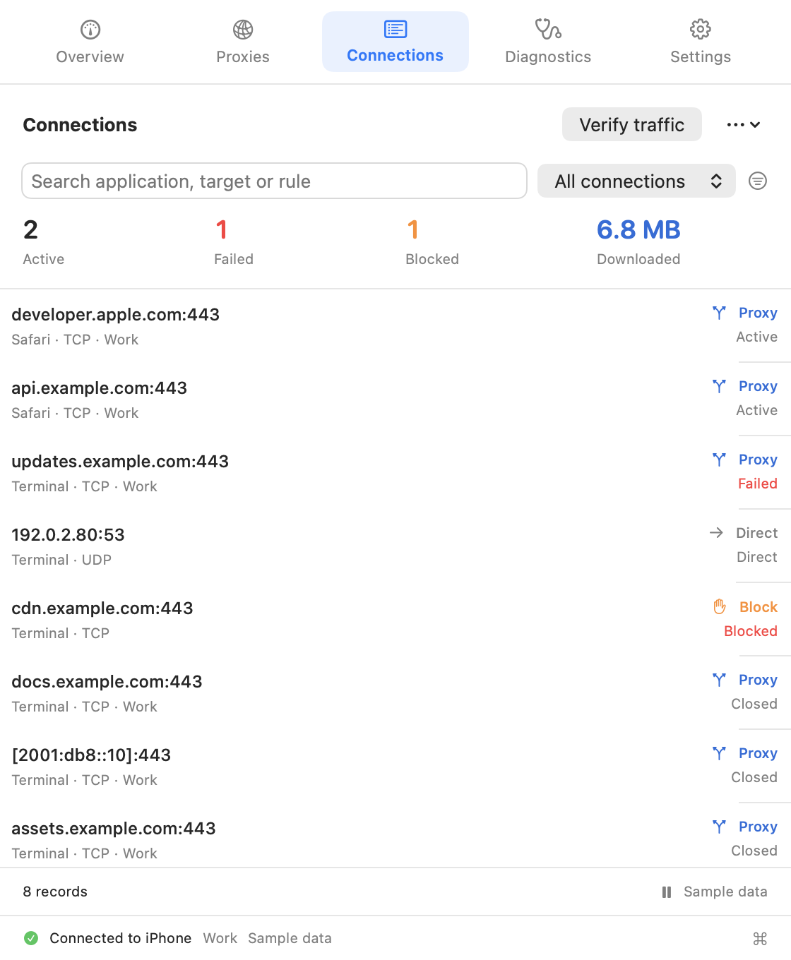 Proxy Companion 1.7.0 connection list with app, destination, status and route; sample data