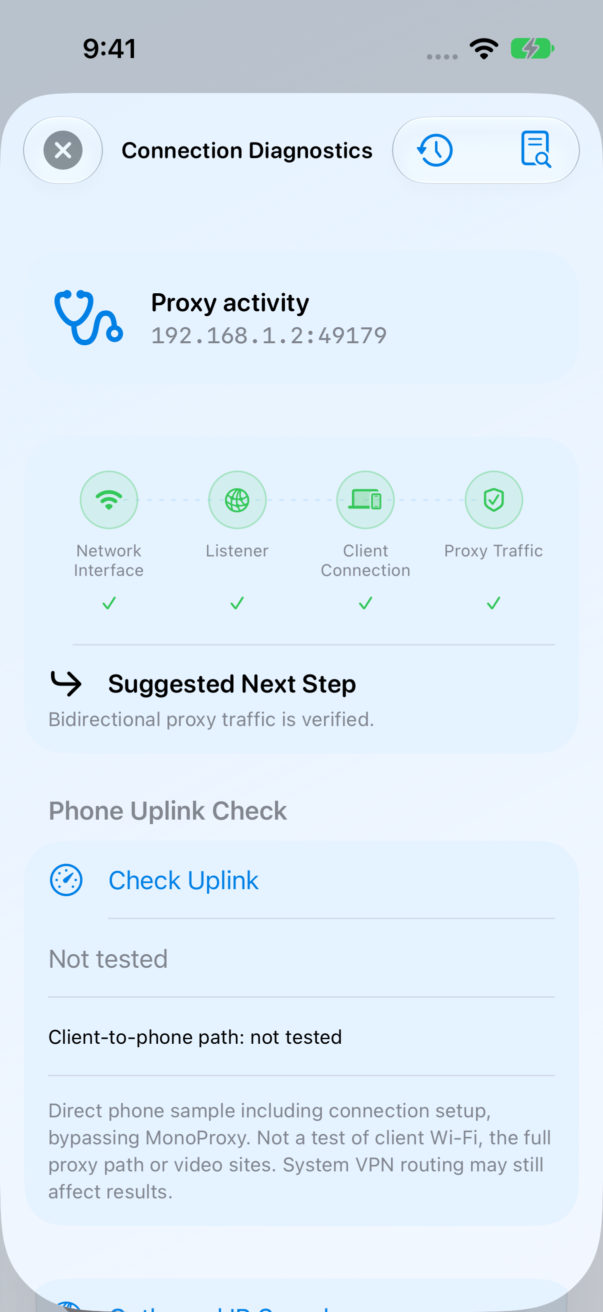 MonoProxy iOS connection diagnostics with four evidence stages and suggested next action