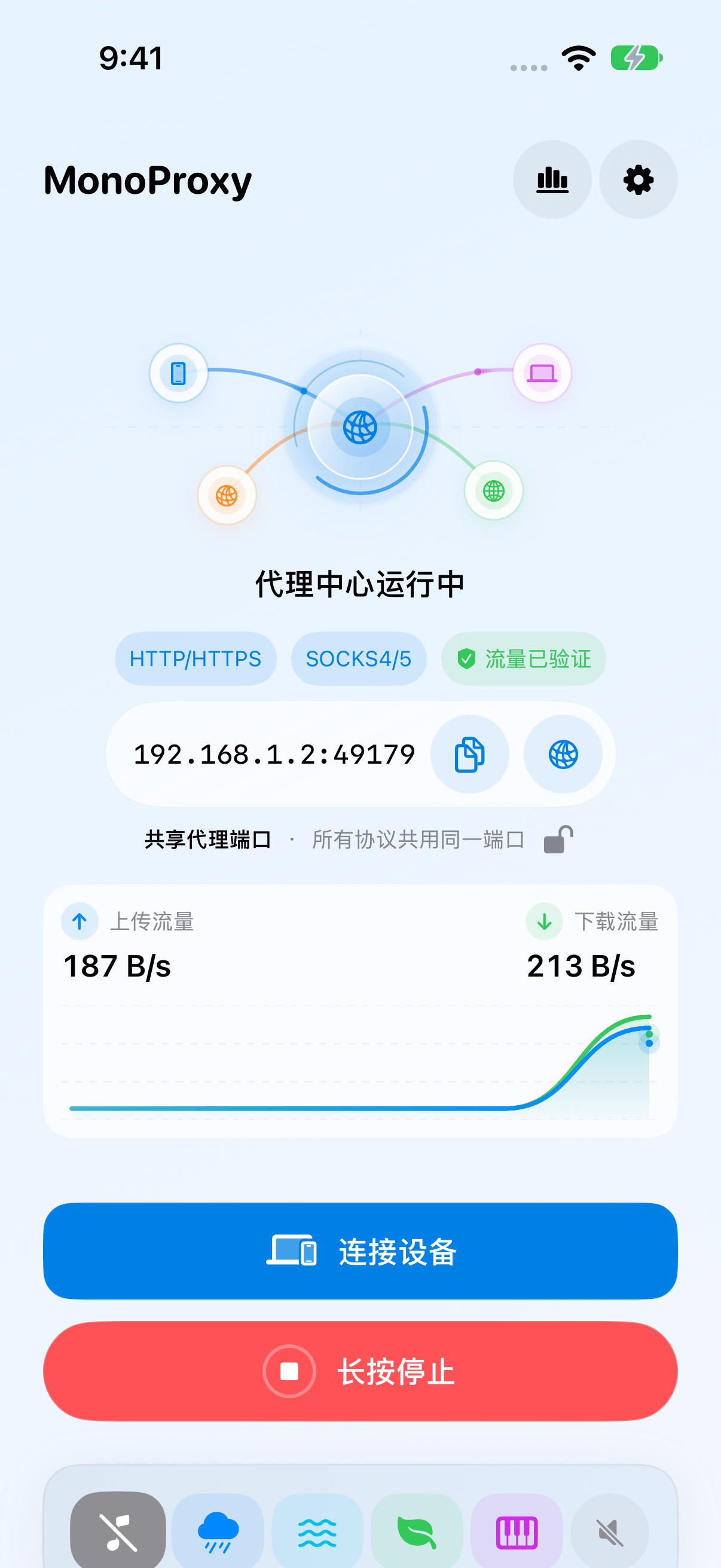 MonoProxy iOS 首页，显示运行中的代理、服务地址、流量图和长按停止按钮